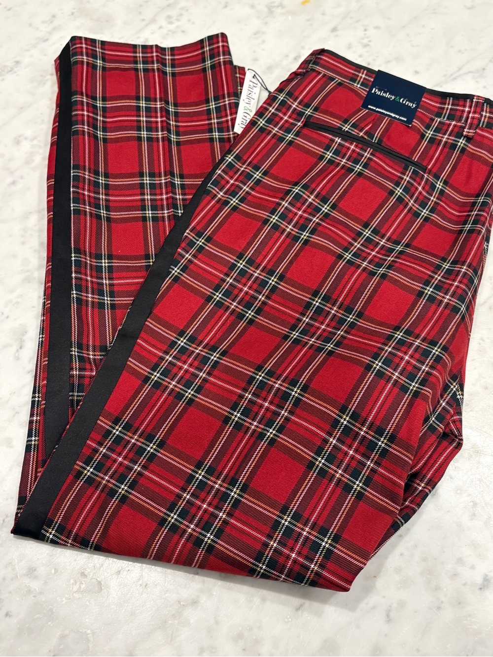 NWT Men’s Paisley & Gray Tuxedo Pants, Red Tartan, Slim Fit, 36x32 - Picture 2 of 7